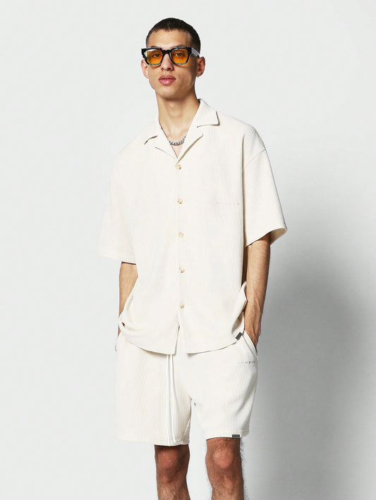Revere Collar Jersey Ribbed Shirt With Short 2 Piece Set