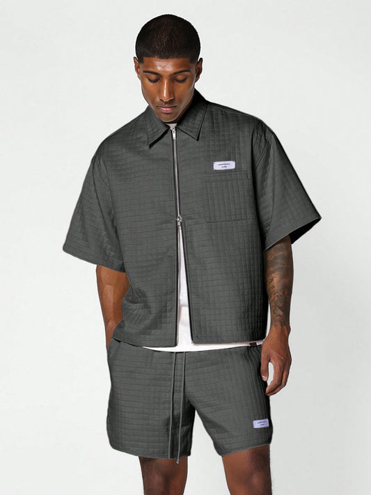Boxy Fit Zip Through Shirt With Short 2 Piece Set