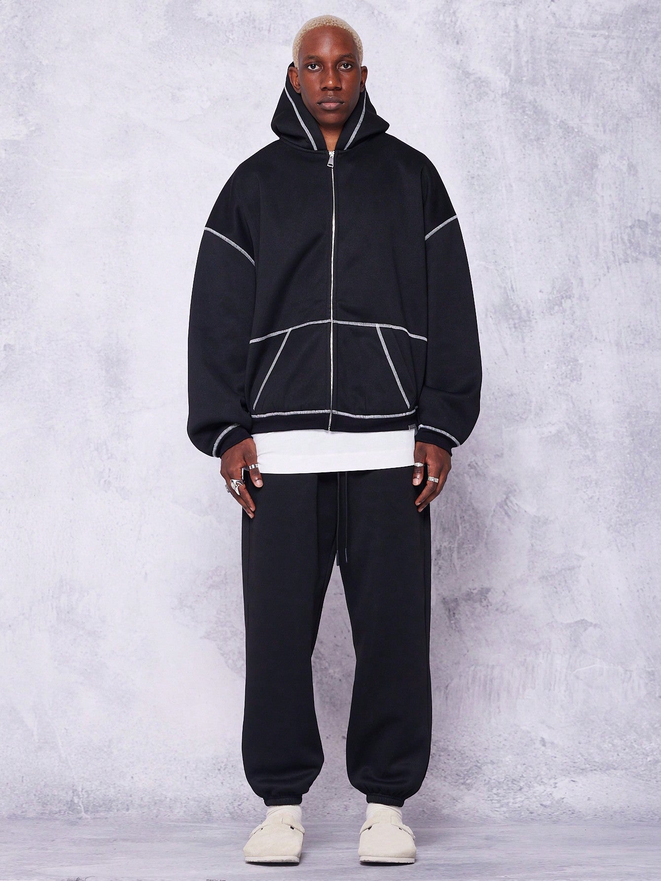 Oversized Fit Zip Through Hoodie With Contrast Stitch