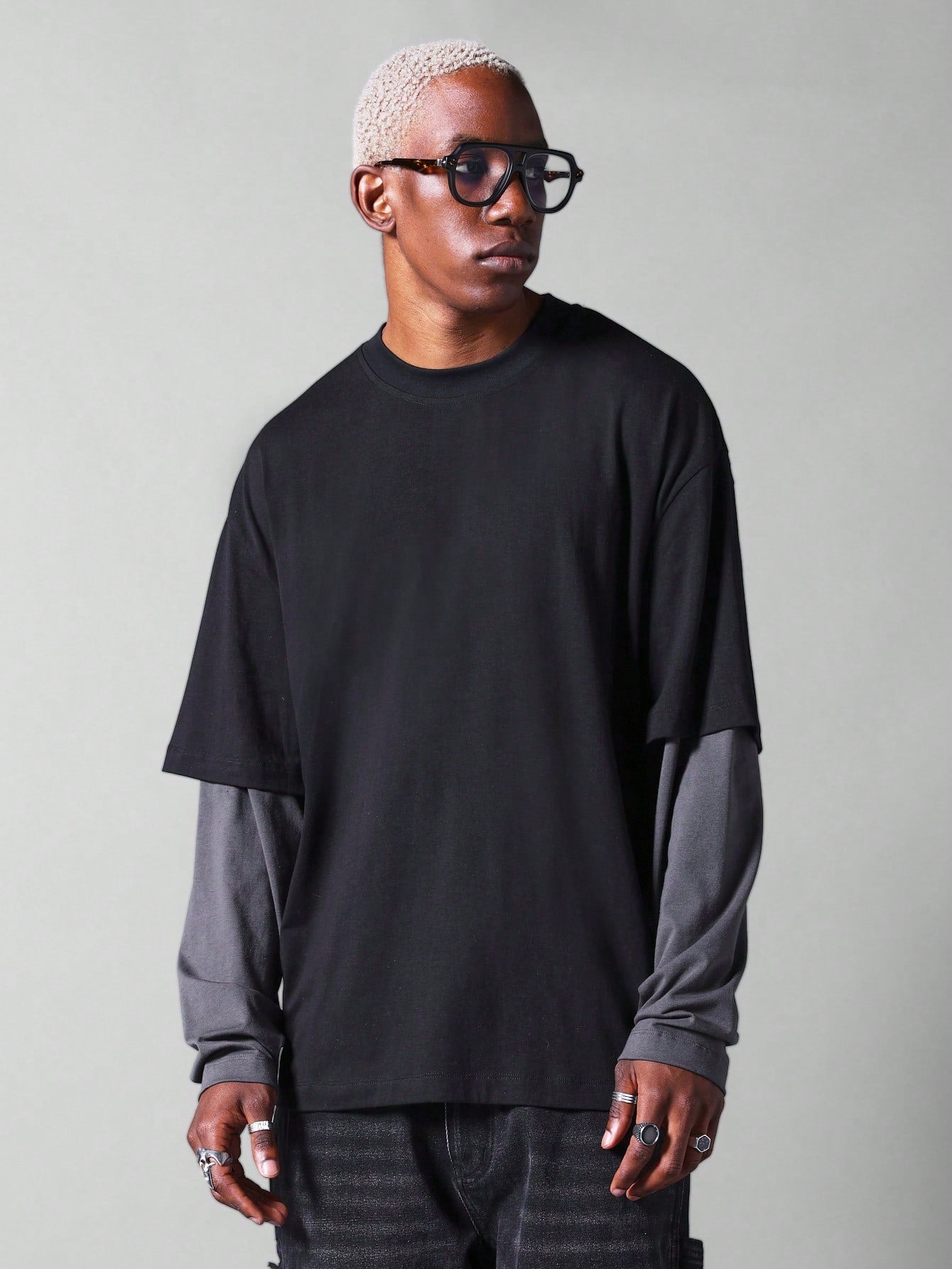 Double Layer Long Sleeve Tee With Contrast Sleeve