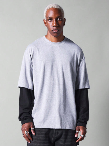 Double Layer Long Sleeve Tee With Contrast Color Sleeve