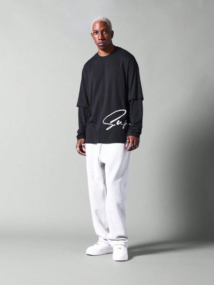 Double Layer Long Sleeve Tee With Embroidered Logo