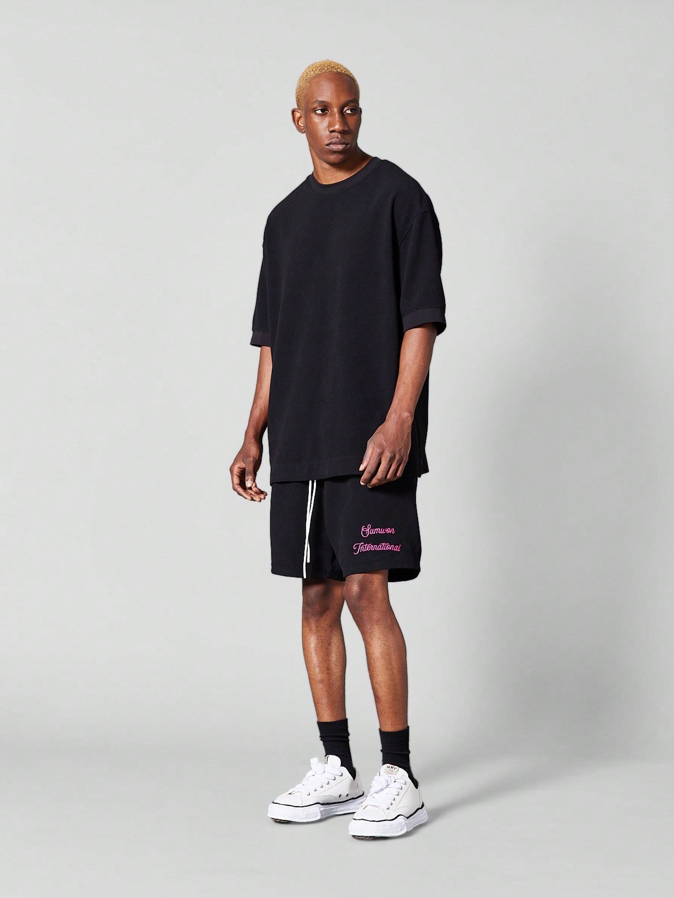 Drop Crotch Textured Shorts With Front Embroidery