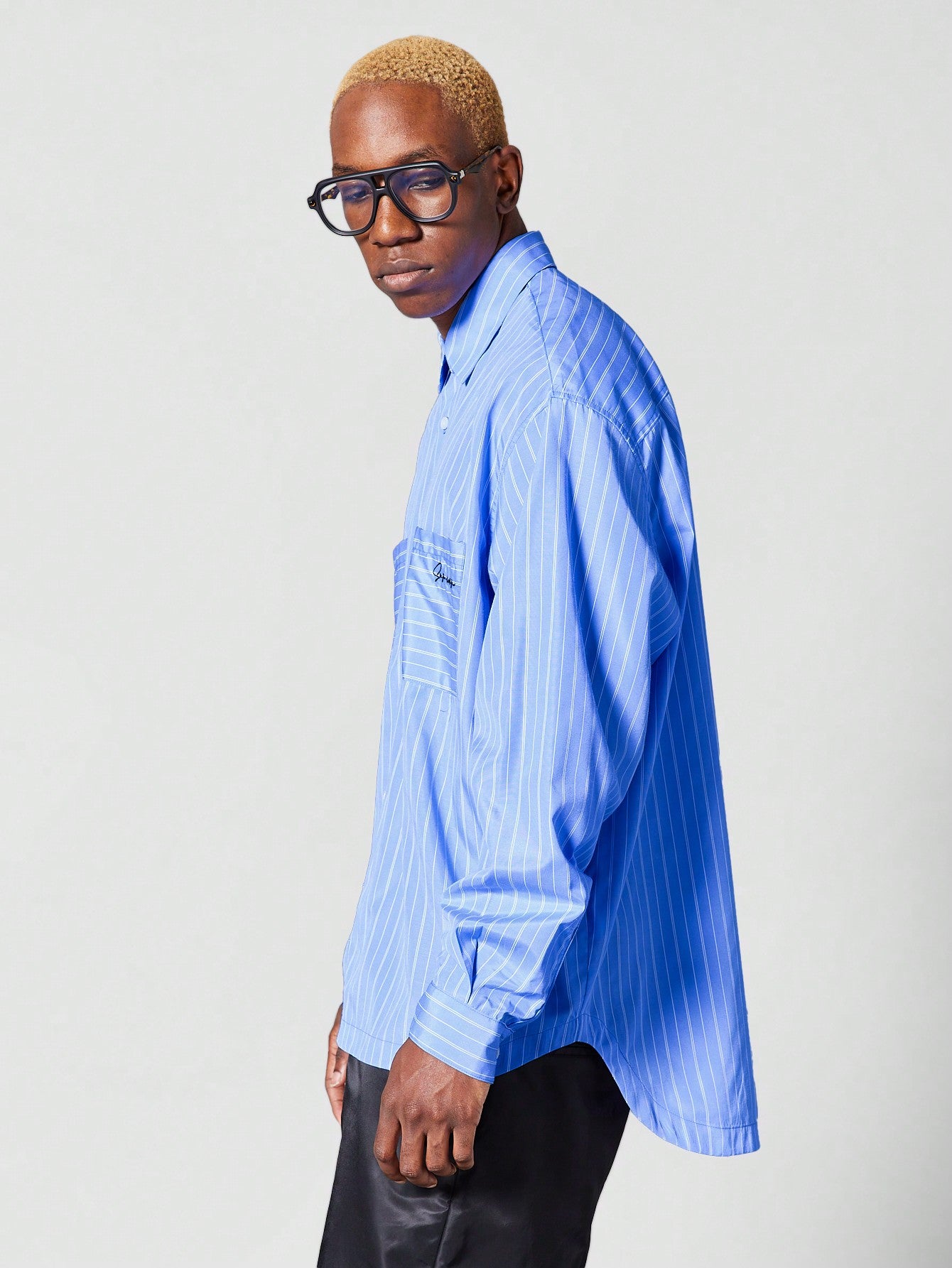 Oversized Fit Pinstripe Shirt With Front Pocket Embroidery