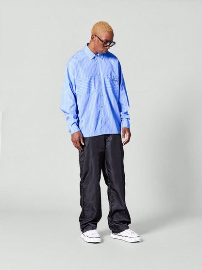 Oversized Fit Pinstripe Shirt With Front Pocket Embroidery