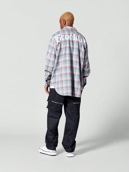 Oversized Fit Checked Shirt With Back Brooklyn Print