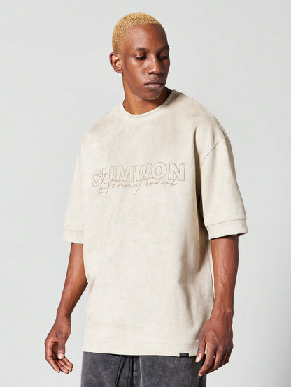 Oversized Fit Suedette Tee With Front Embroidery