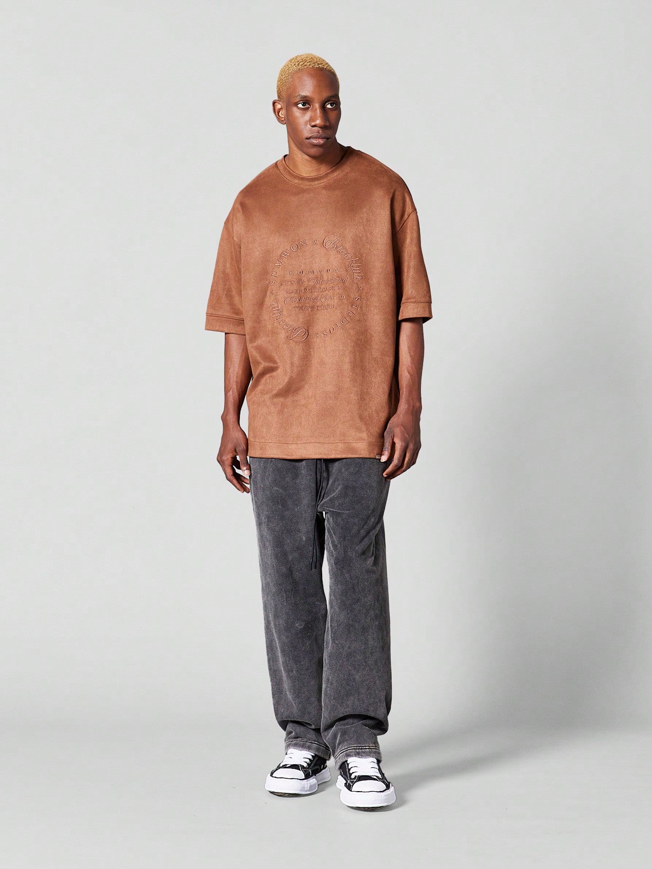 Oversized Fit Suedette Tee With Front Embroidery