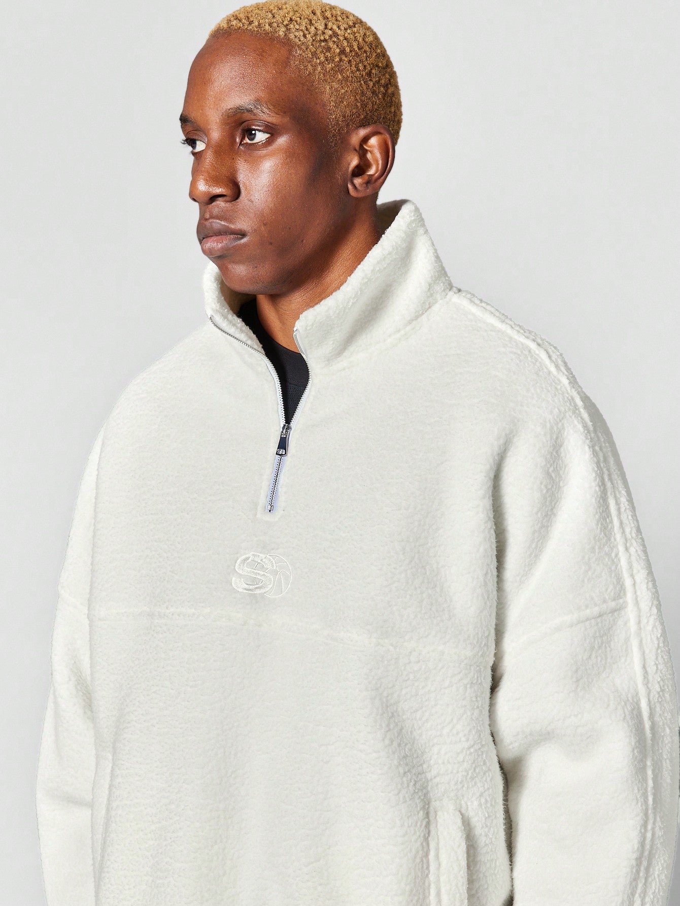 Oversized Fleece Funnel Neck Sweatshirt With Front Embroidery