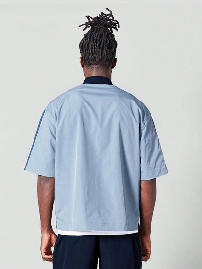 Boxy Fit Nylon Zip Shirt With Colour Blocked Panels