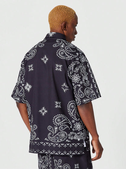 Button Through Shirt With All Over Print And Front Graphic