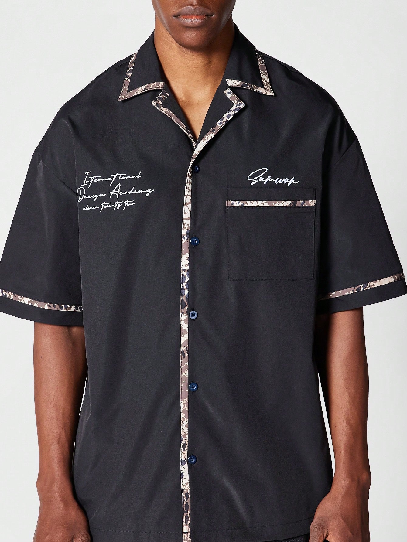 Revere Collar Shirt With Printed Piping Details And Front Embroidery
