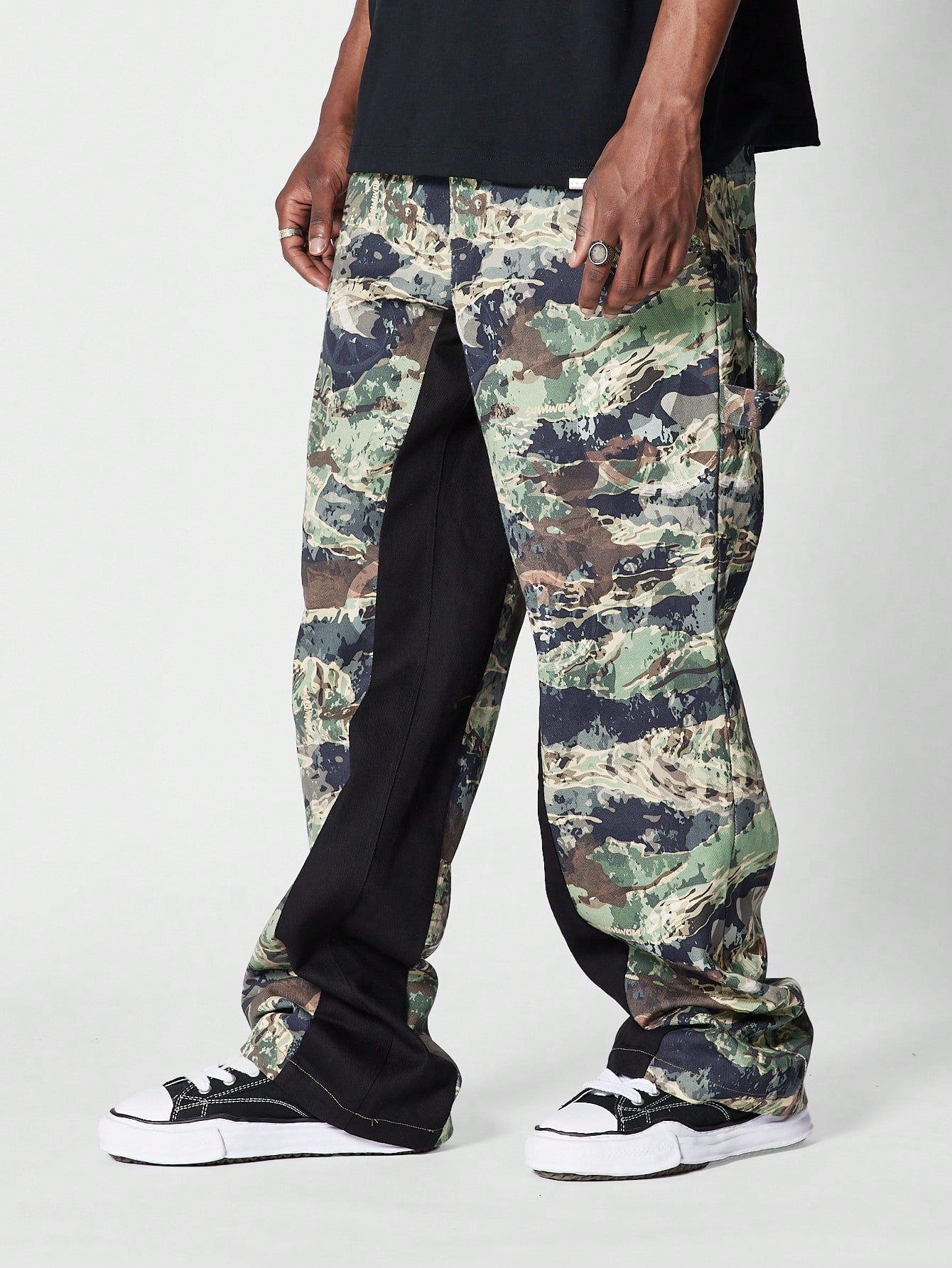 Flare Fit Workwear Jean With All Over Print And Contrast Panel