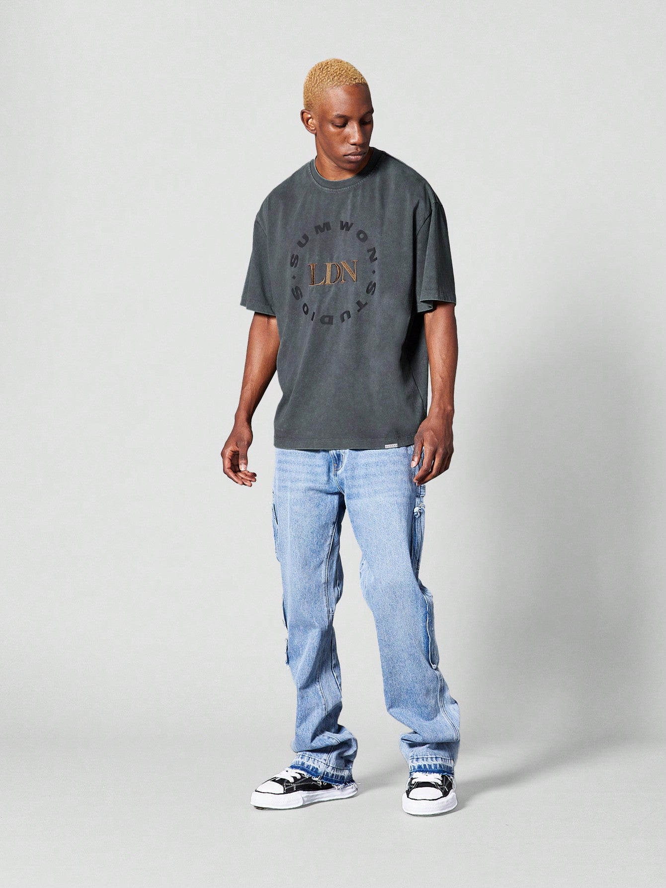 Oversized Fit Washed Tee With Front Print And Embroidery