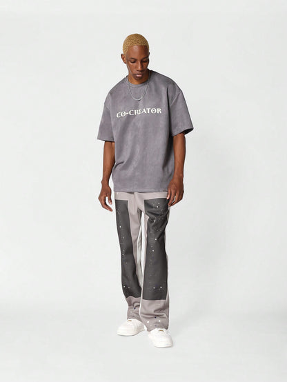 Flare Fit Jogger With Contrast Panel And Paint Print