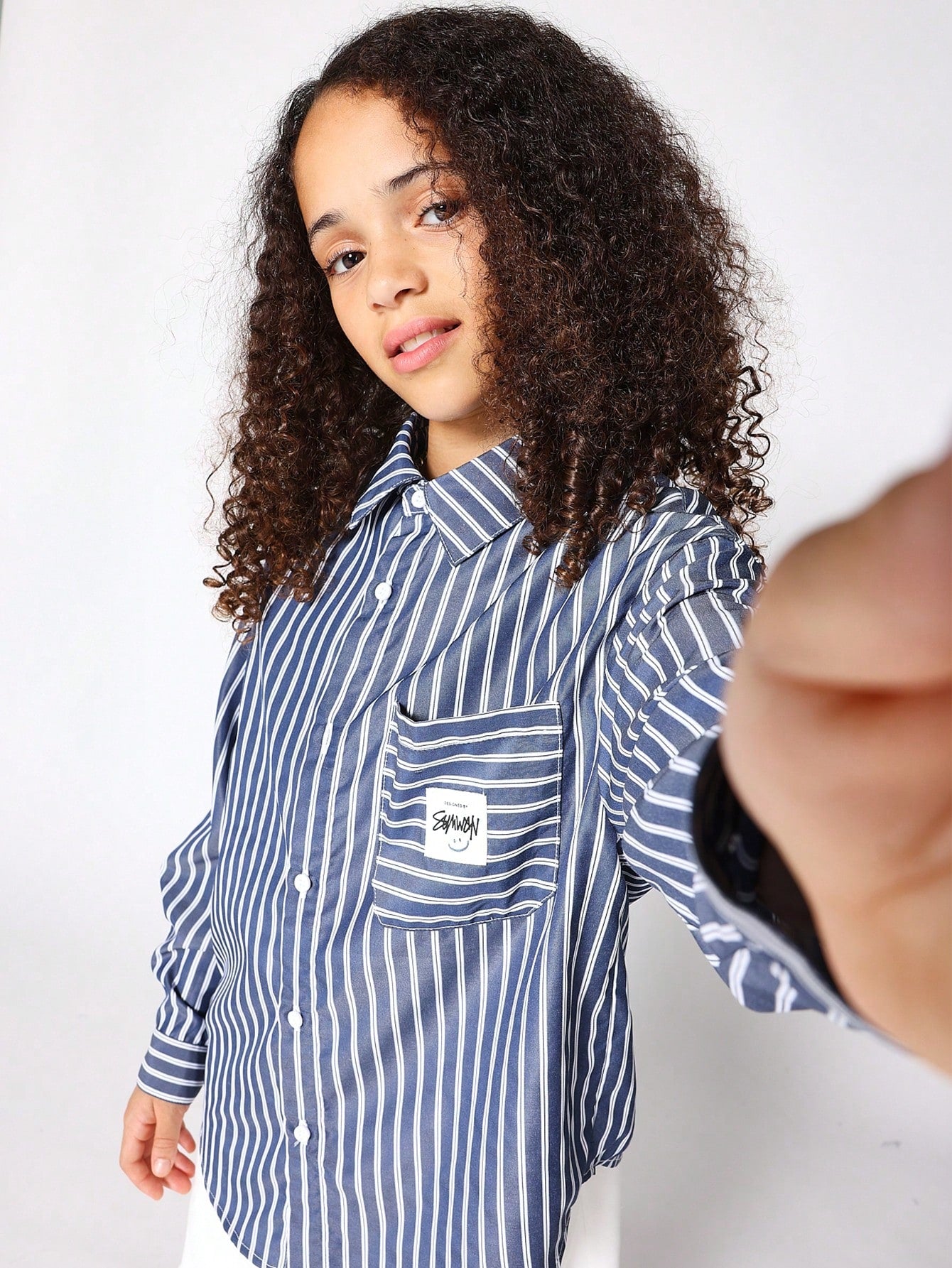 Kids Unisex Oversized Striped Shirt With Badge Pocket
