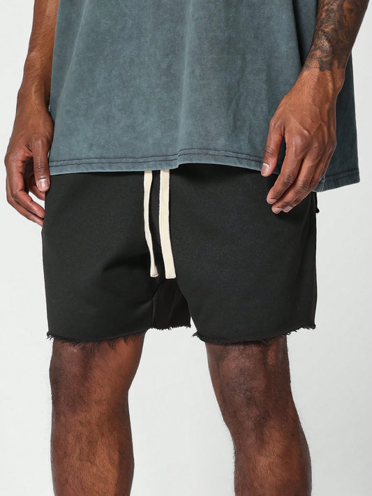 Drop Crotch Raw Edge Shorts With Front Applique