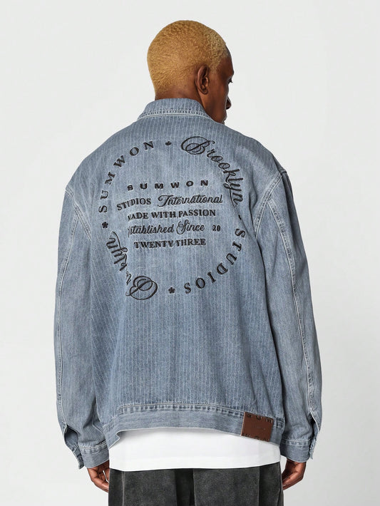 Striped Denim Jacket With Back Embroidery